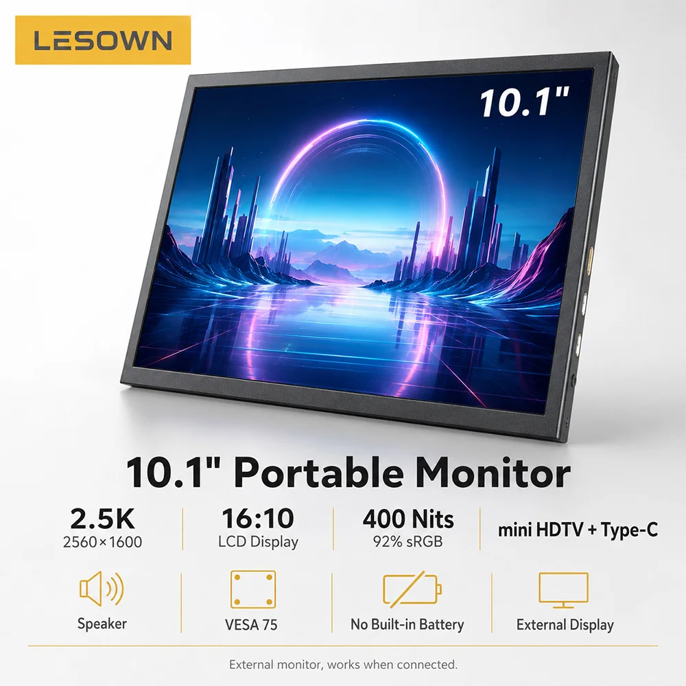 LESOWN 10.1 Inch Driver-free Panel 2560x1600 Plug&Play USB-C Monitor Matte Black Aluminum Desktop Extension Display