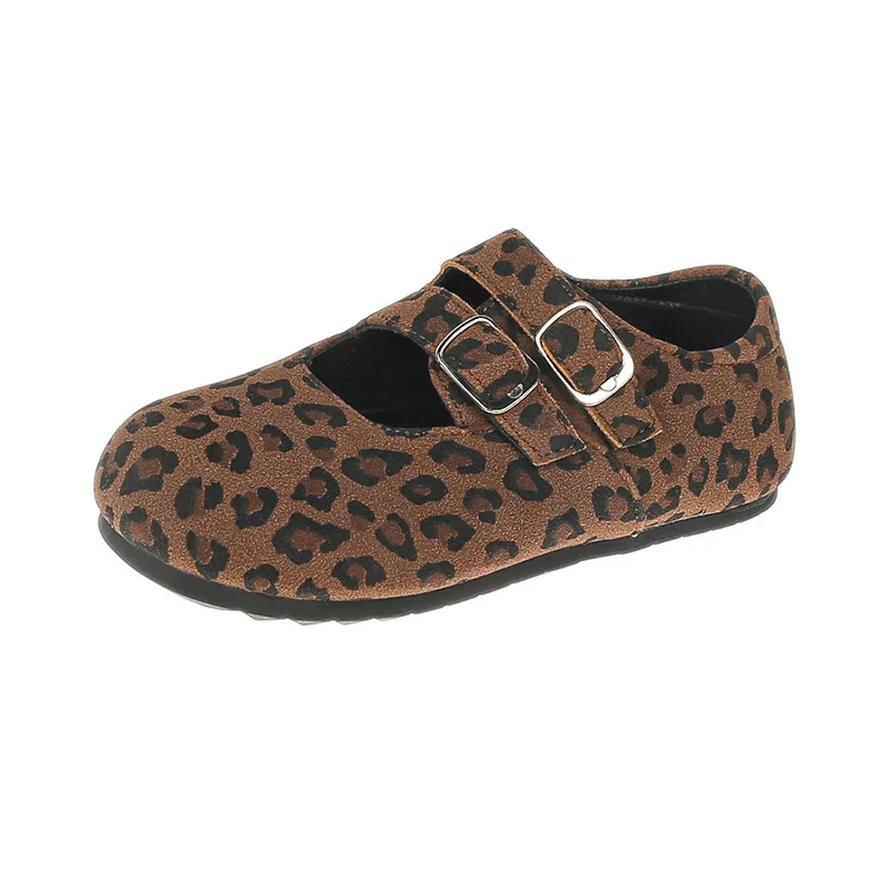 Kids Baby Girls Shoes Fashion Vintage Leopard Print Flat Single Shoes Cute Princess Ballet Mary Janes Shoes Anti-slip Large Size
