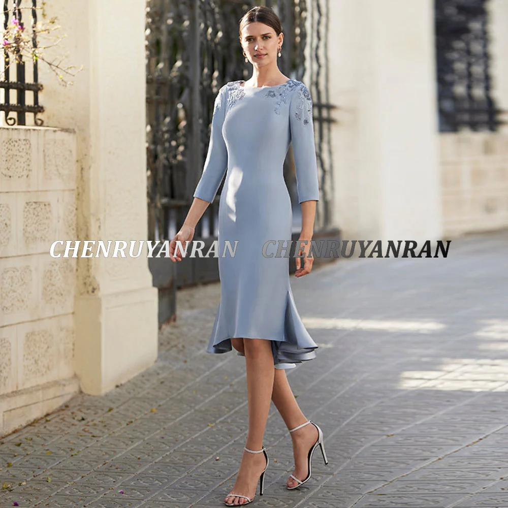 فساتين أم العروس الزرقاء 2025 مزينة بالدانتيل غمد فساتين ضيوف الزفاف 3/4 الأكمام فستان أنيق للنساء لحفلات الزفاف #5