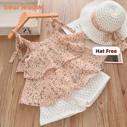 Bear Leader Girls Clothing Sets 2023 Summer Kids Clothes Floral Chiffon Halter+Embroidered Shorts Straw Children Clothing