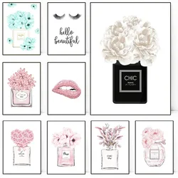 Paris Pink Perfume Flower Fashion Women Lips Eyelashes Poster and Print Canvas Printing Wall Art Picture for Dressing Room Decor
