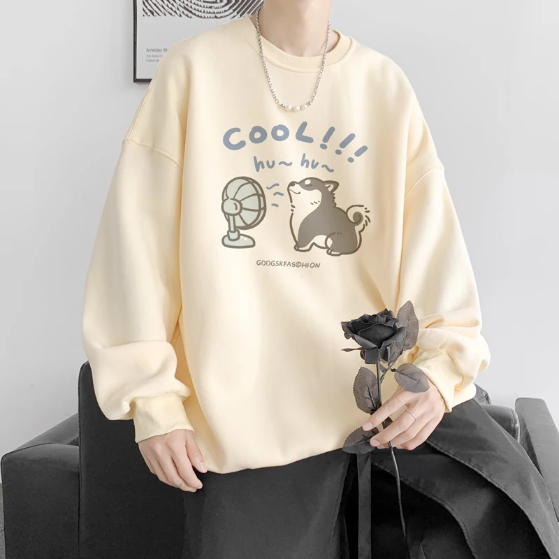 الربيع والخريف الرجال طاقم الرقبة الكلب طباعة أبيض أسود المشمش رمادي فاتح البلوز زوجين عارضة فضفاض الأزرق المخملية البلوز