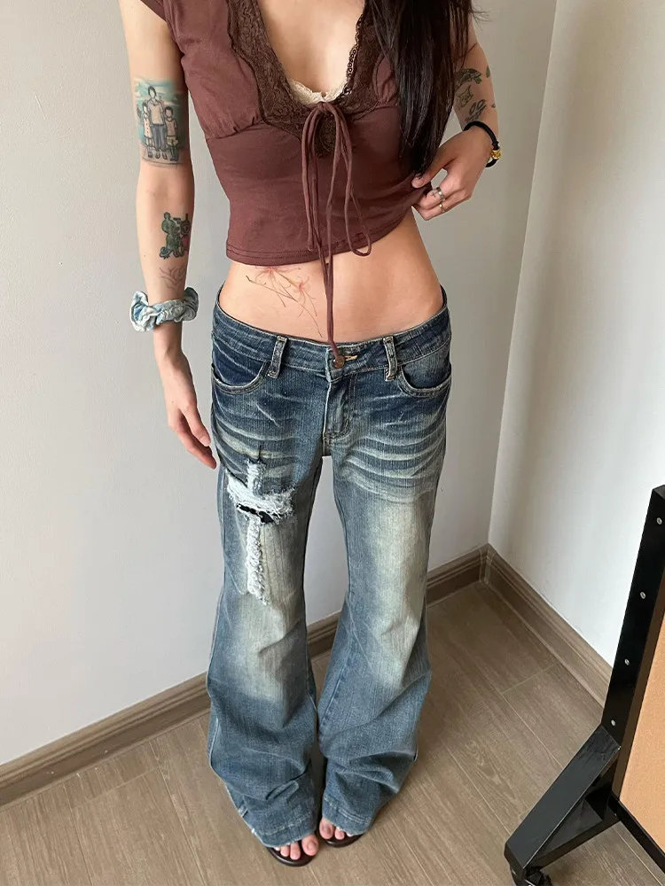 Women's Cross Hole Micro Flared Jeans Summer Street High Waist Pants Cool Girl Casual Sweatpants Female Straight Denim Trousers