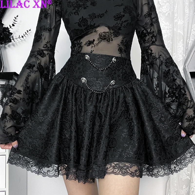 

Gothic Black Floral Print Lace Trim A-Line Mini Skirts for Women Y2K Vintage Aesthetic High-waist Chains Short Skirt Streetwear