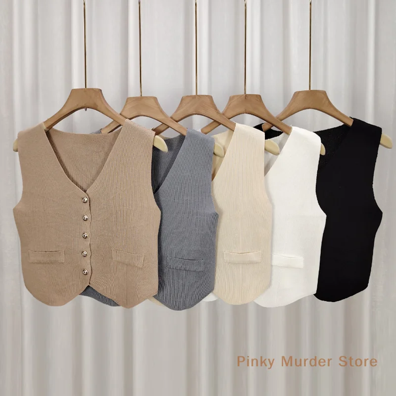1 pc francês retro cor sólida com decote em v único breasted sem mangas colete de malha fino para mulher