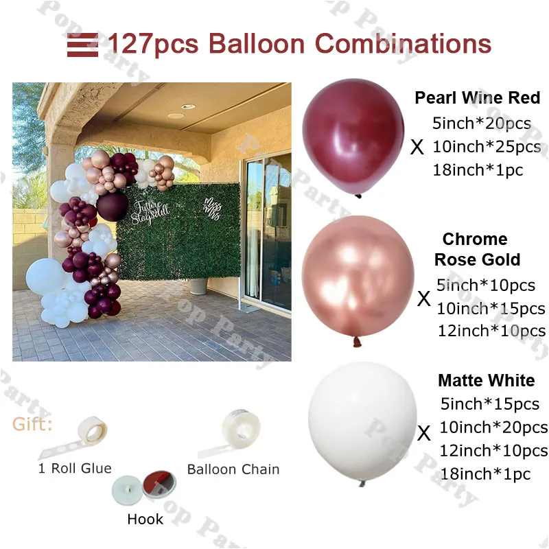 127pcs Balloon Garland Arch Kit Burgundy Wine Red Rose Gold White Balloons for Baby Shower Birthday Wedding Party Decorations