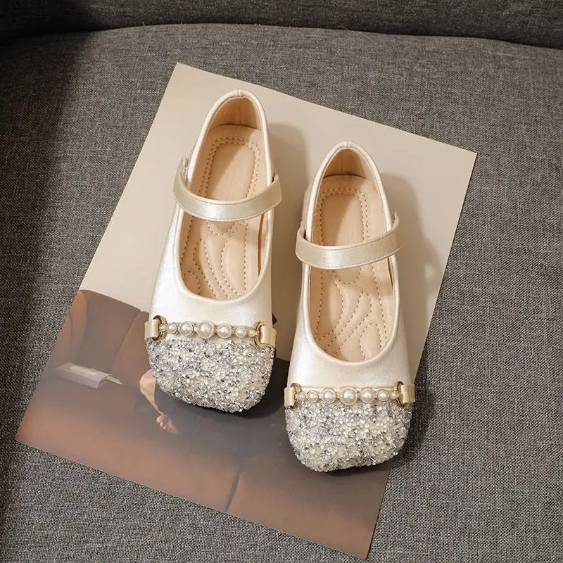 Girls Princess Pearl Crystal Flats Soft Sole Versatile Dress Shoes for Kids Spring Autumn Casual Fashion Footwear