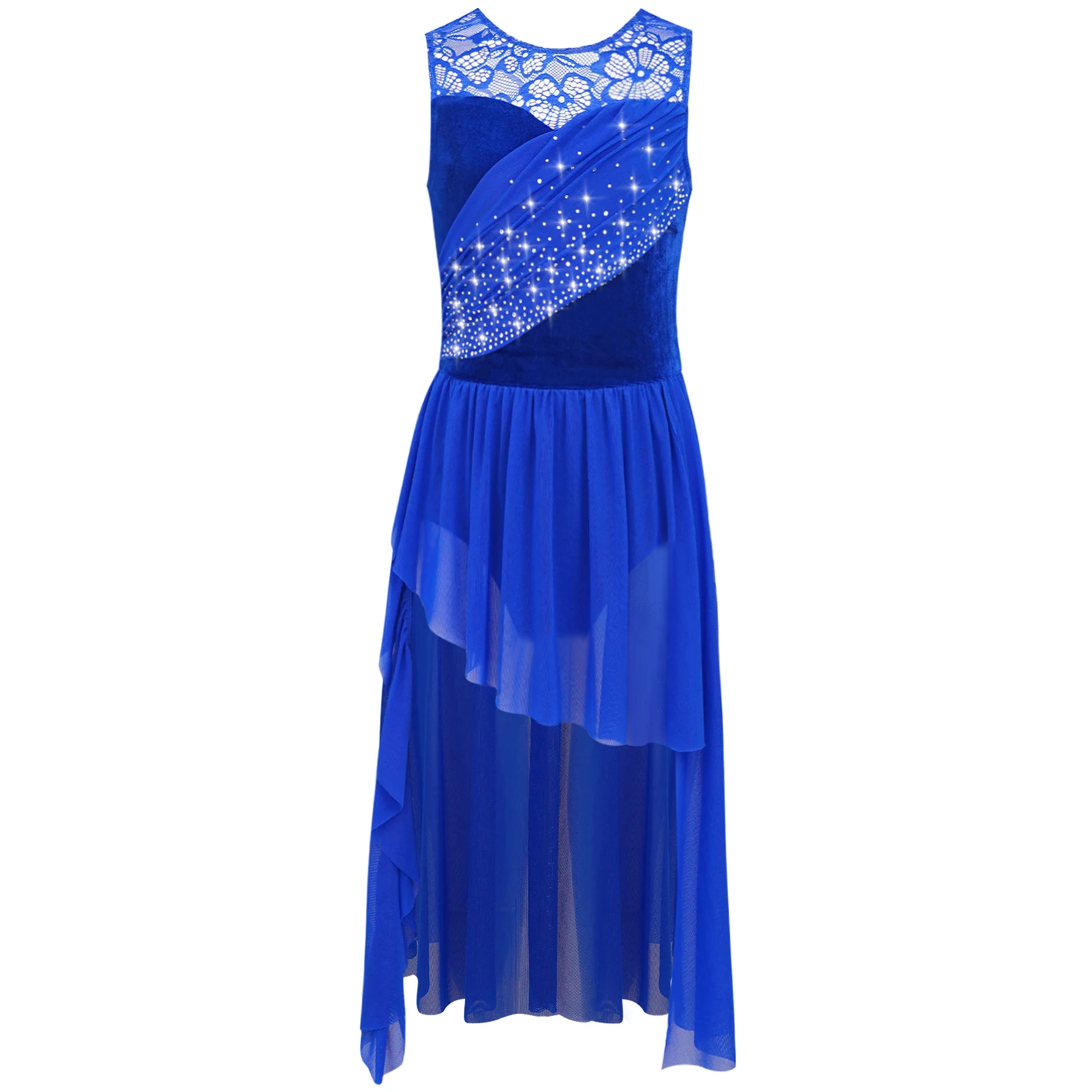 Kids Girls Modern Lyrical Dance Dress Sparkly Rhinestones Lace Patchwork Ruched Mesh Asymmetrical Hem Leotard Dress Dancewear #3