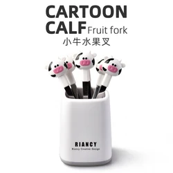 6pcs Cartoon Calf Cute Mini Fruit Fork Set Stainless Steel Dessert Cake Fork Children's Lovely Snack Fork With Storage Tank