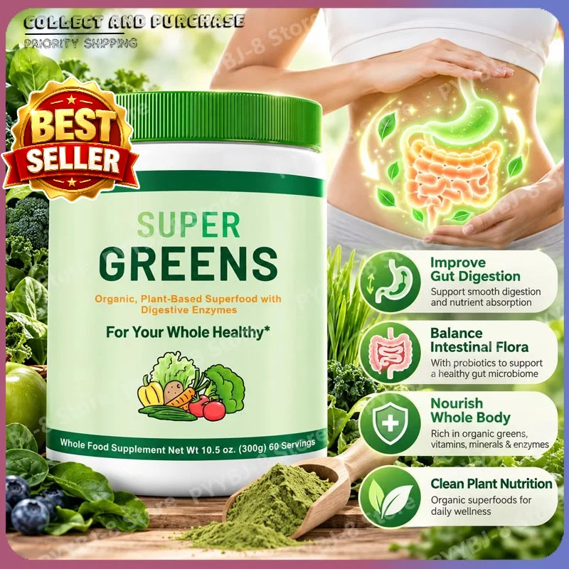 Super Greens Powder Improve Gut Digestion&Balance Intestinal Flora,Organic Plant Superfood with Probiotics&Digestive Enzyme,300g