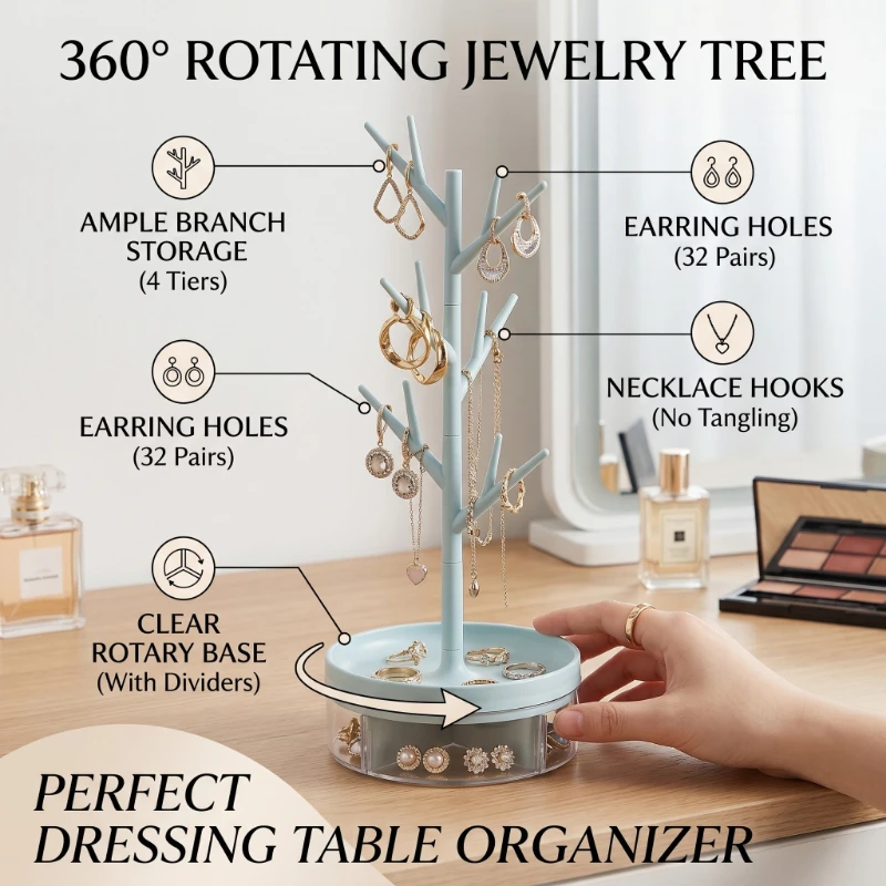 

1Pcs Rotate Jewelry Display Stand Tray Storage Racks Earrings Necklaces Rings Jewelry Boxes Accessories Desktop Organizer Holder
