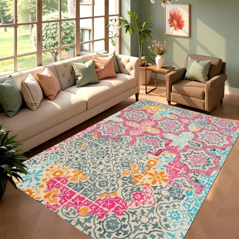 Boho Carpet Mat Rug Retro Pattern with Colorful Geometric Design Soft Floor Mat for Living Room Bedroom Vintage Luxury Decor