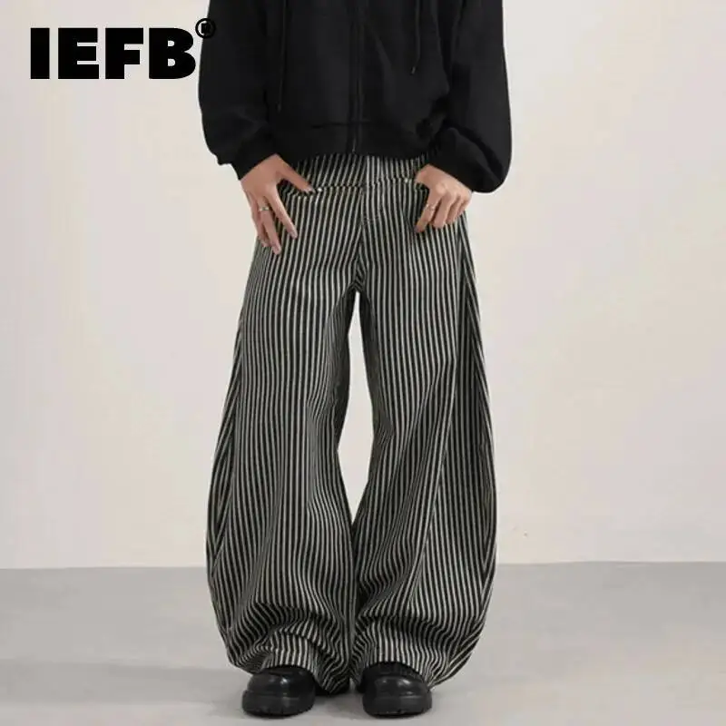 IEFB الخريف سراويل تقليدية رجالية شريط عمودي واسعة الساق جيب التباين اللون الرجالي فضفاض خمر سكين منحني أسفل 9W4187