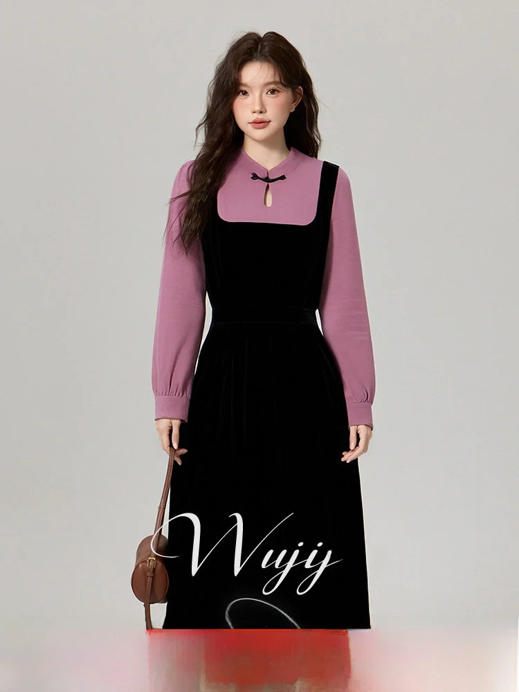

plus Size Women's Dress Waist-Cinching Slimming Patchwork Winter New Style Casual Long Sleeve Hooded Polyester Fiber Dress