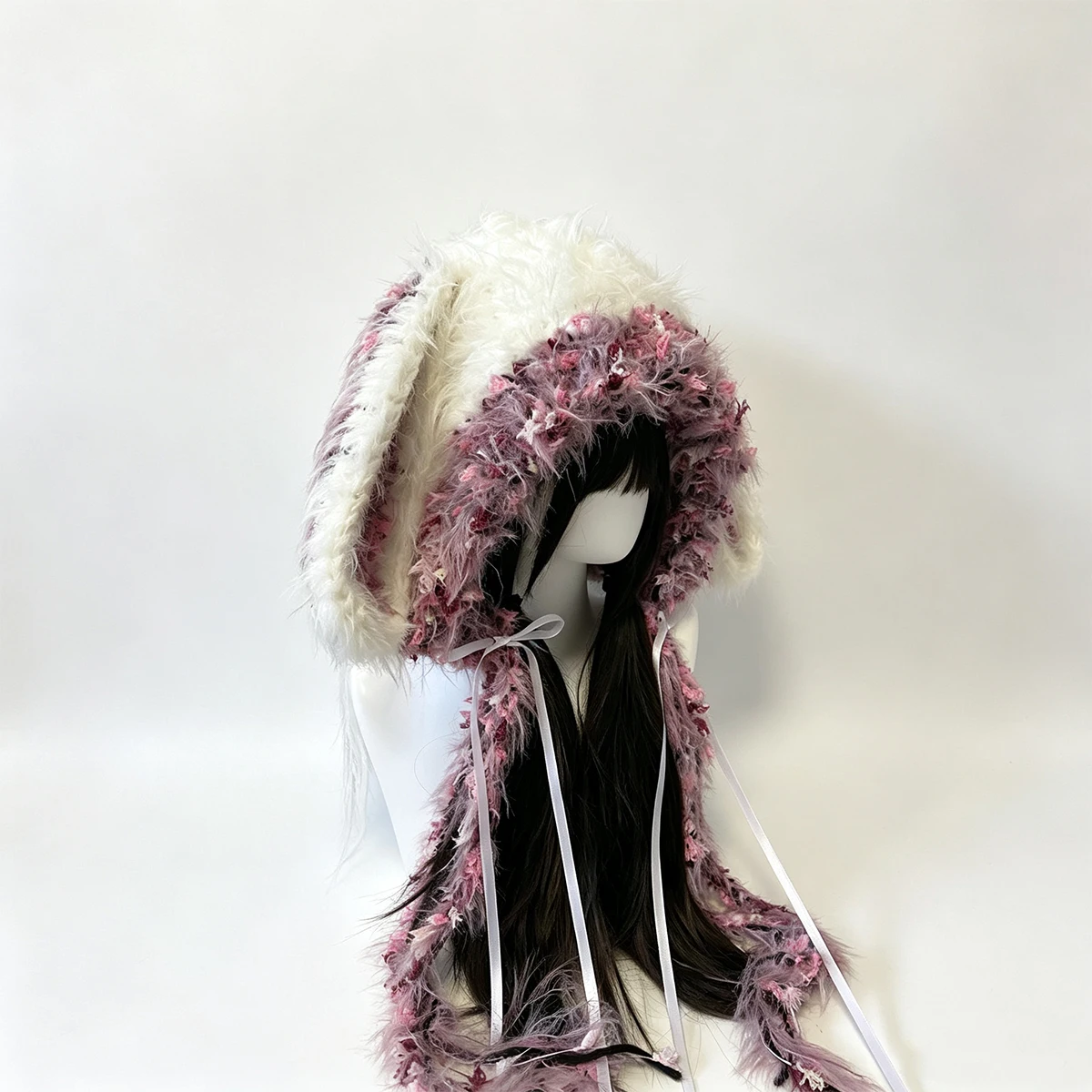 Custom Handmade Crochet Floral White Purple Bunny Ears Hat Wome Plush Knitted Winter Warm Hood Wedding Fairycore Lolita Beanies