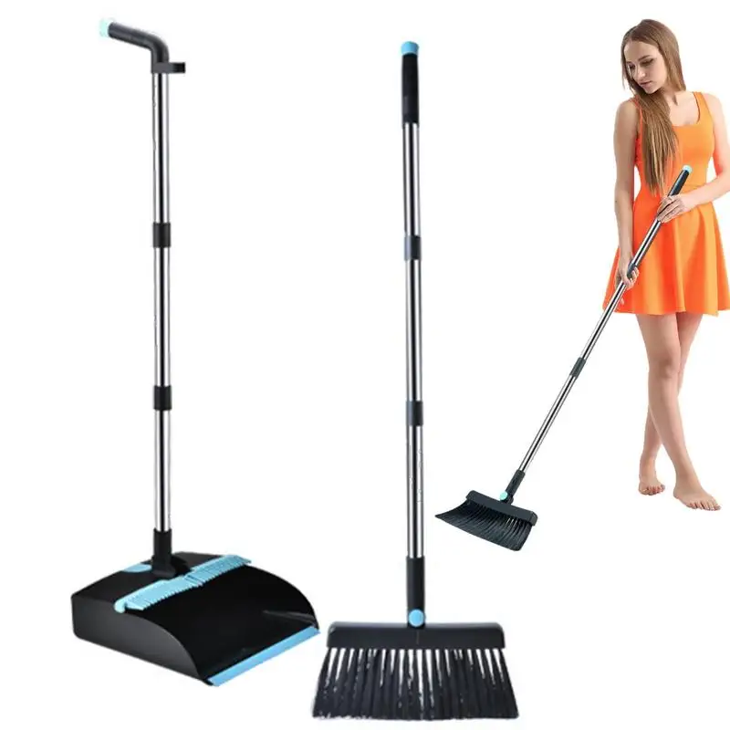 Indoor Broom And Dustpan Set Portable Big Floor Cleaning Broom Adjustable Long Handle Cleaning Silicon Scraper Broom & Dustpan