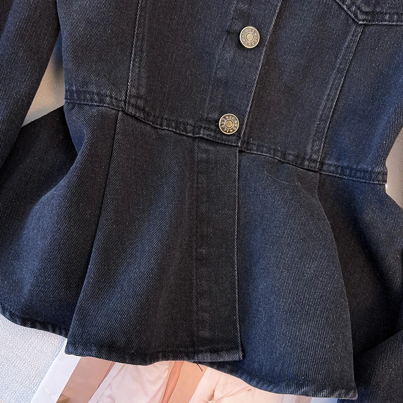 Camicia di jeans da donna con volant nero High Street Cappotto a maniche lunghe monopetto skinny retrò Top 2025 Primavera Autunno Nuovo