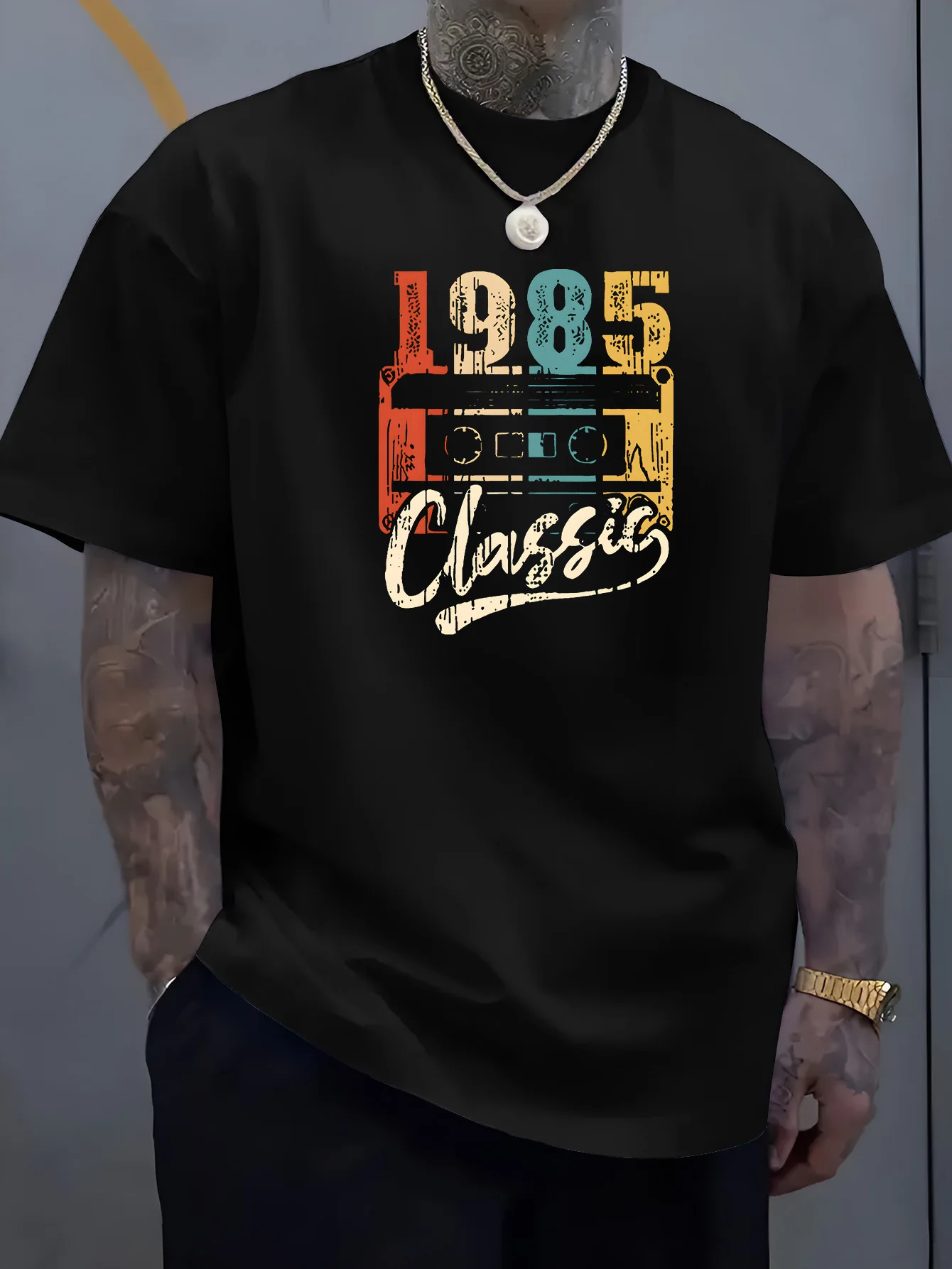 Men Black Crew Neck Tee Retro Multicolor Cassette Tape 1985 Classic Distressed Vintage Music Born Year Soft Cotton Male Tops