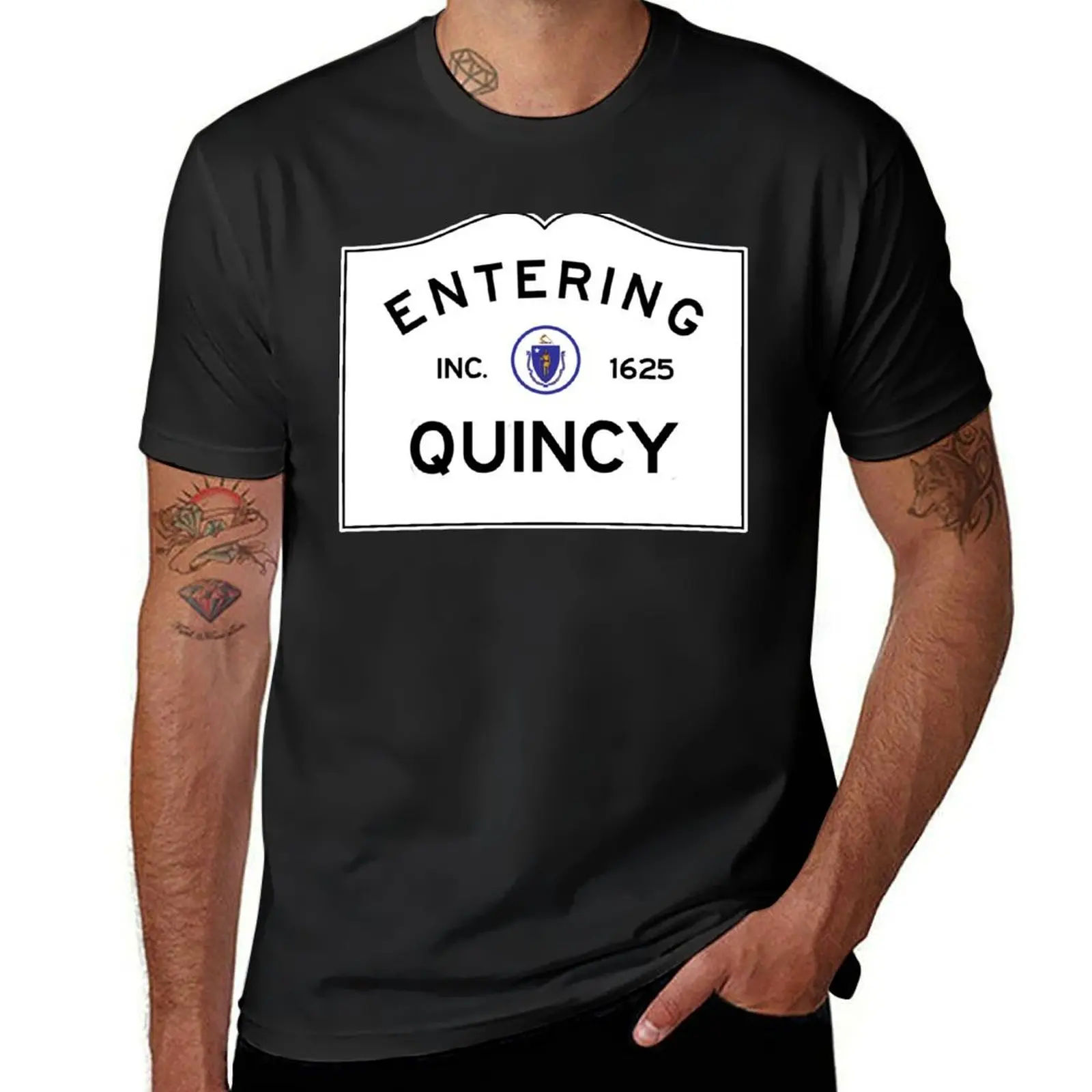 Entering Quincy - Commonwealth of Massachusetts Road Sign T-Shirt quick-drying customs funny t shirts for men