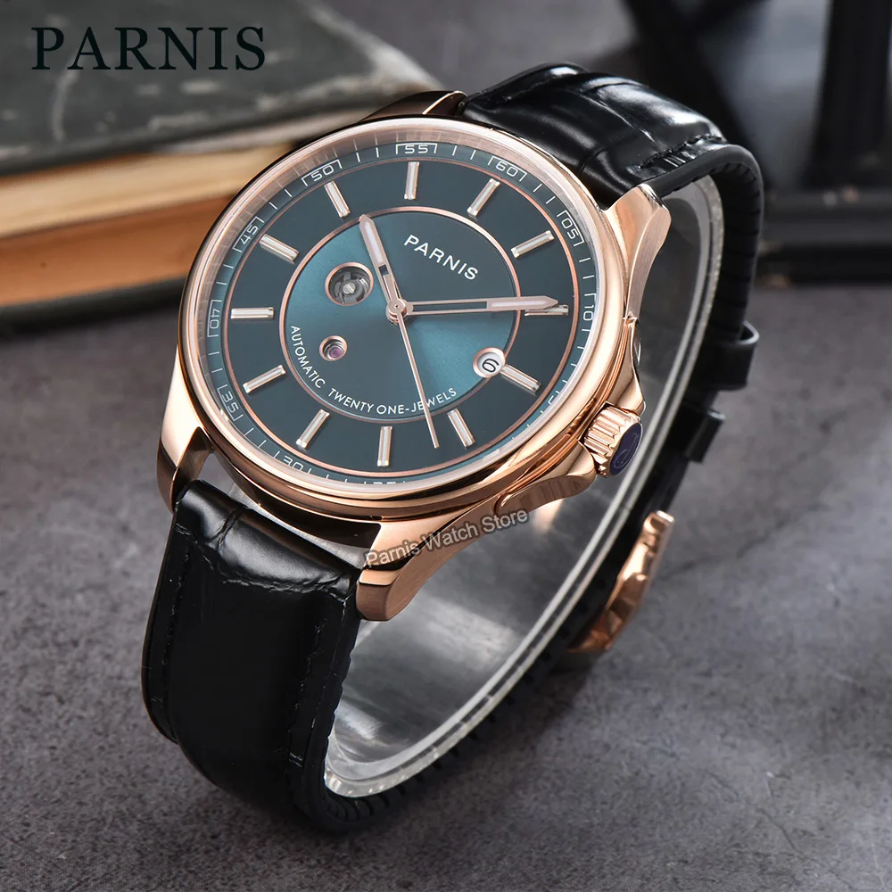 Parnis 42mm Blue Dial Rose Gold Stainless Steel Case Sapphire Crystal Automatic Men's Watch