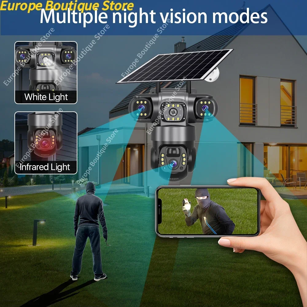 Kamera solarna 4G 12MP 6K z 3 obiektywami, zewnętrzna, wodoodporna, z noktowizorem, dwukierunkowy interkom, kamery V380 PRO, śledzenie mobilne, kamera IP