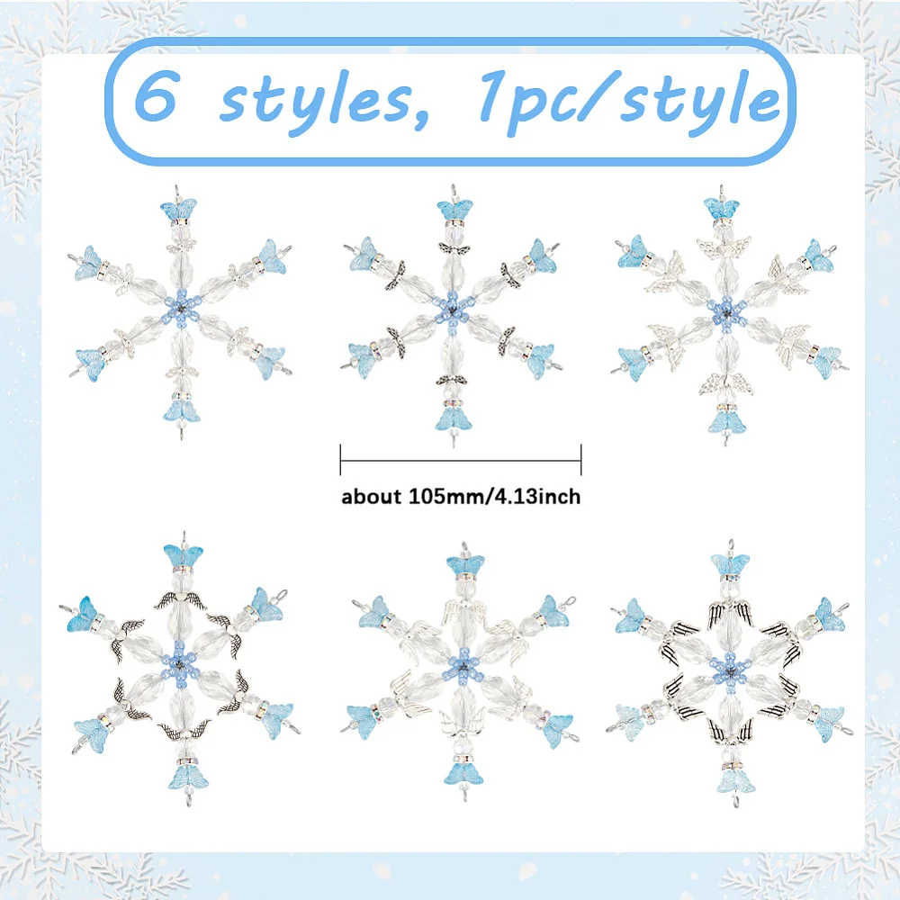 1 Box 6 Pack Glass Snowflake Ornaments Beaded Snowflake Christmas Ornament Craft Kit Blue Pink Iron Wire Snowflakes Hanging