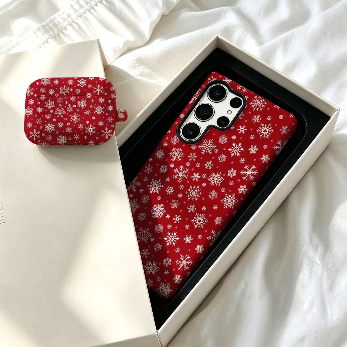 Pirve Phone Case For Samsung Galaxy S26 S25 Ultra S24 S23 Plus Shockproof Double Layer Tough Back White Snowflakes Red Cover
