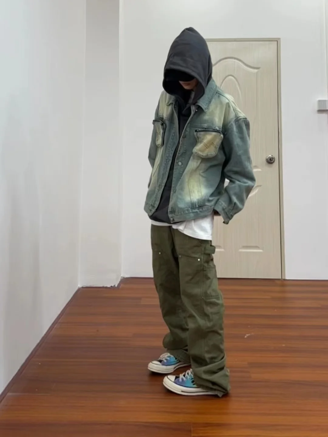 

Retro American High Street Yellow Mud Waed Detachable Denim Jaet Men's Faion Outerwear Youth ular Loose Fit Long Sve