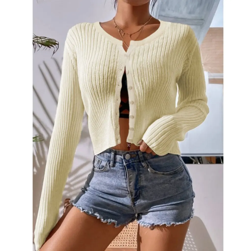 

Women's Solid Color Button Knitted Cardigan Sweater Top Spring Summer New Arrival European American Style Clothing for Ladies