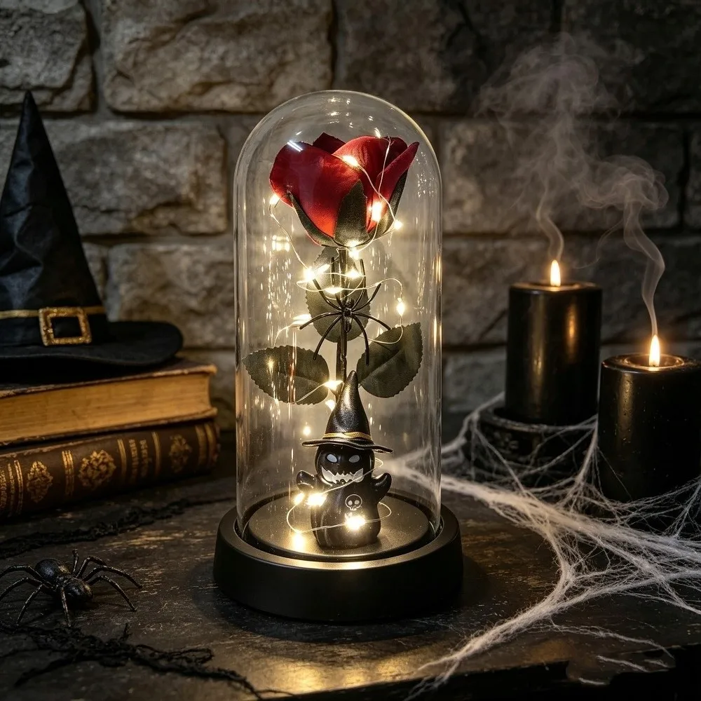 Transparent Cover Halloween Ghost Rose Light Realistic Glass Dome Rose Luminous Atmosphere Light Plastic Simulation Rose Light