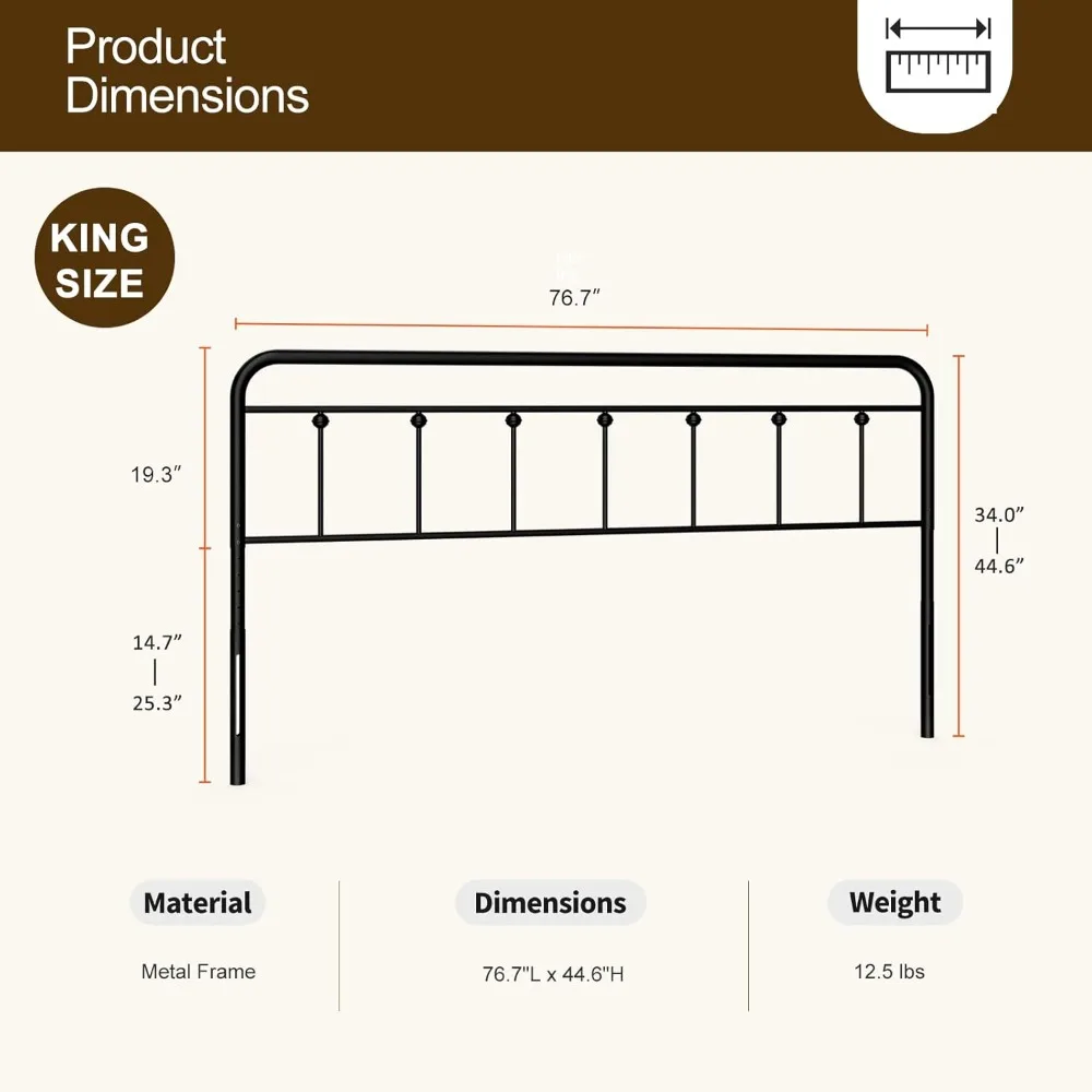 Metal King Size Headboard, Adjustable Height, Farmhouse Victorian Style, Easy Assembly, Steel Headboard Only for Bedroom, Black