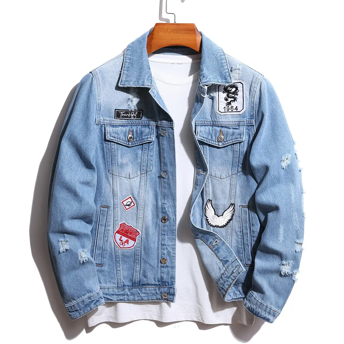 Vintage Men's Ripped Baggy Winter Denim Jacket With Patches Embroidery Lapel Long Sleeve Casual Jacket Hip Hop Outerwear Coat