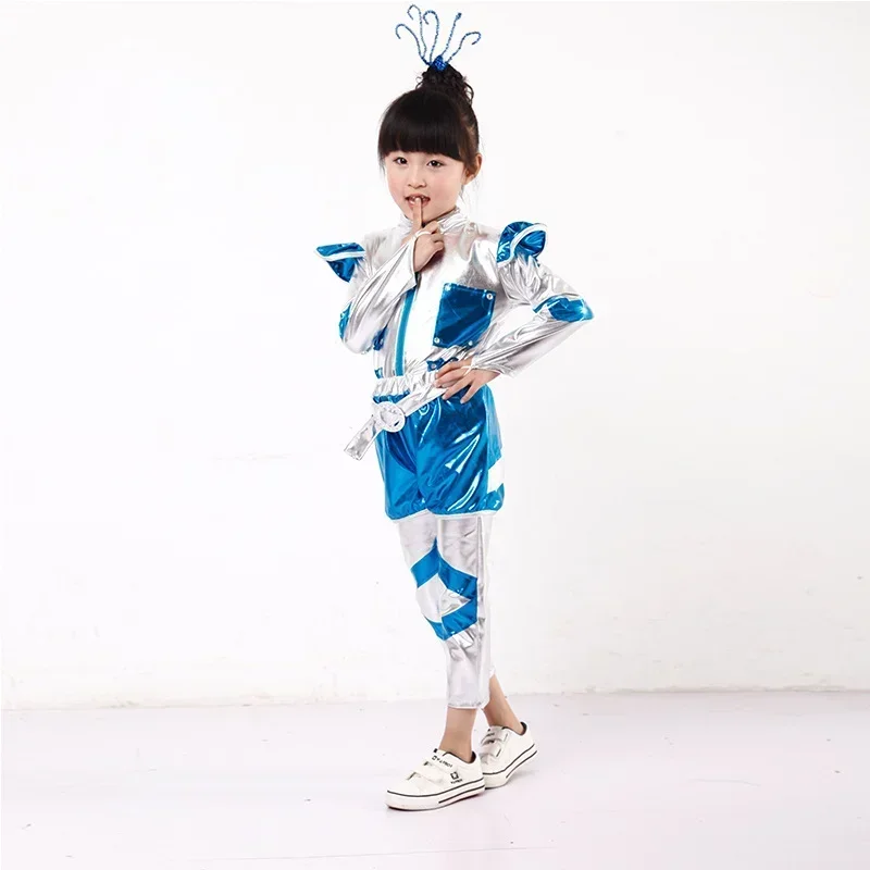 Costume da Robot spaziale per ragazzo o ragazza blu argento astronauta Cospaly Performance Stage Dance Show Time abbigliamento per bambini