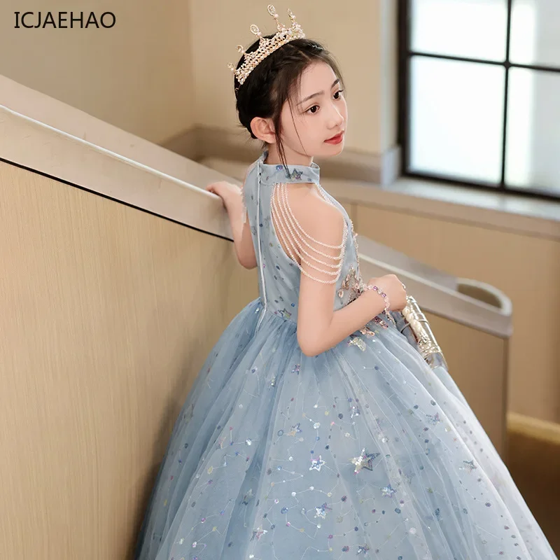 ICJAEHAO 2024 Blue Girls\' Dress Summer Light Luxury Niche High-end Princess Matching Children\'s Host Piano Performance Clothes