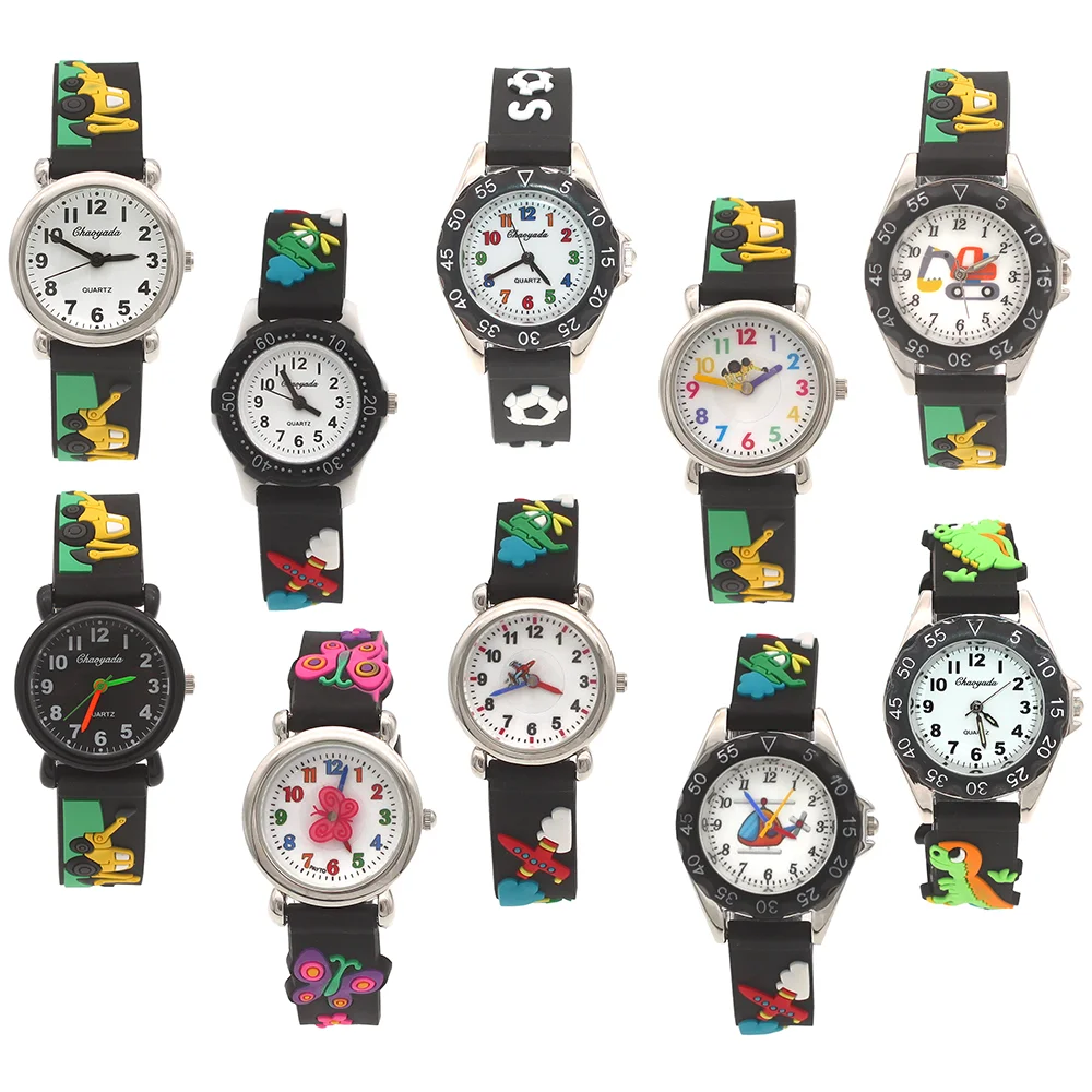 ขายส่ง 10 ชิ้น/ล็อตผสมจํานวนมากเด็กผู้หญิงนาฬิกาสายการ์ตูนสีดําสุ่มรูปแบบนาฬิกาเด็ก