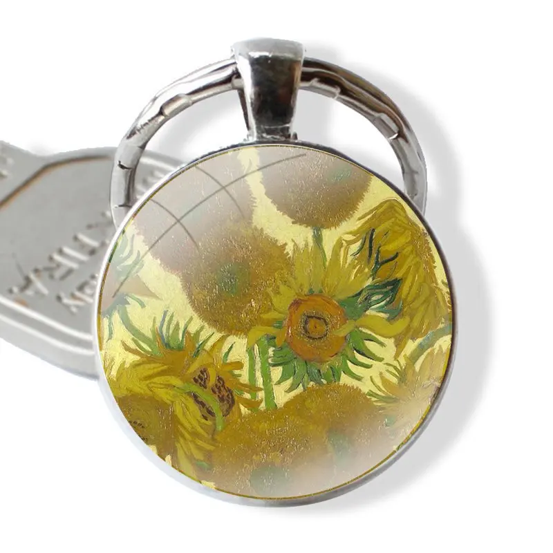 Keychain Glass Cabochon Metal Pendant Classic Men's Women's Keyring Claude Monet Oil Painting Sunflower