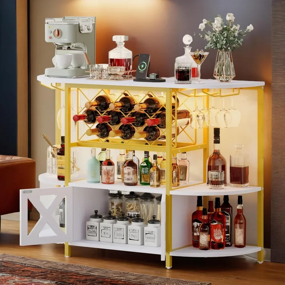 

Stylish Bar Cabinet with LED Lights & Power Outlets - 4 Tier Wine Storage Table with 2 Doors