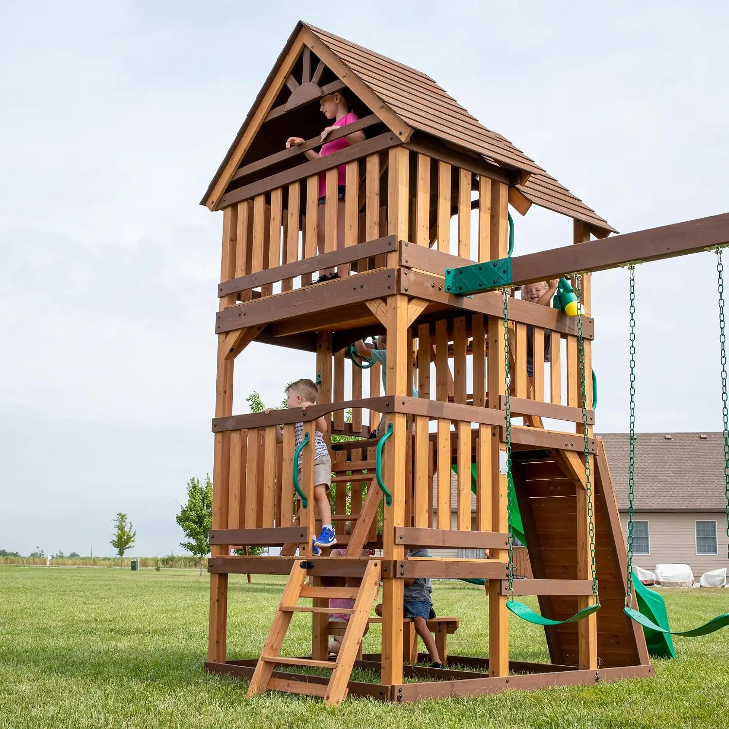 Highlander Cedar Wood Swing Set with Wave Slide, Three-Story Clubhouse, Rock Wall, Picnic Table, Belt Swings, Web Swing, Sandbox