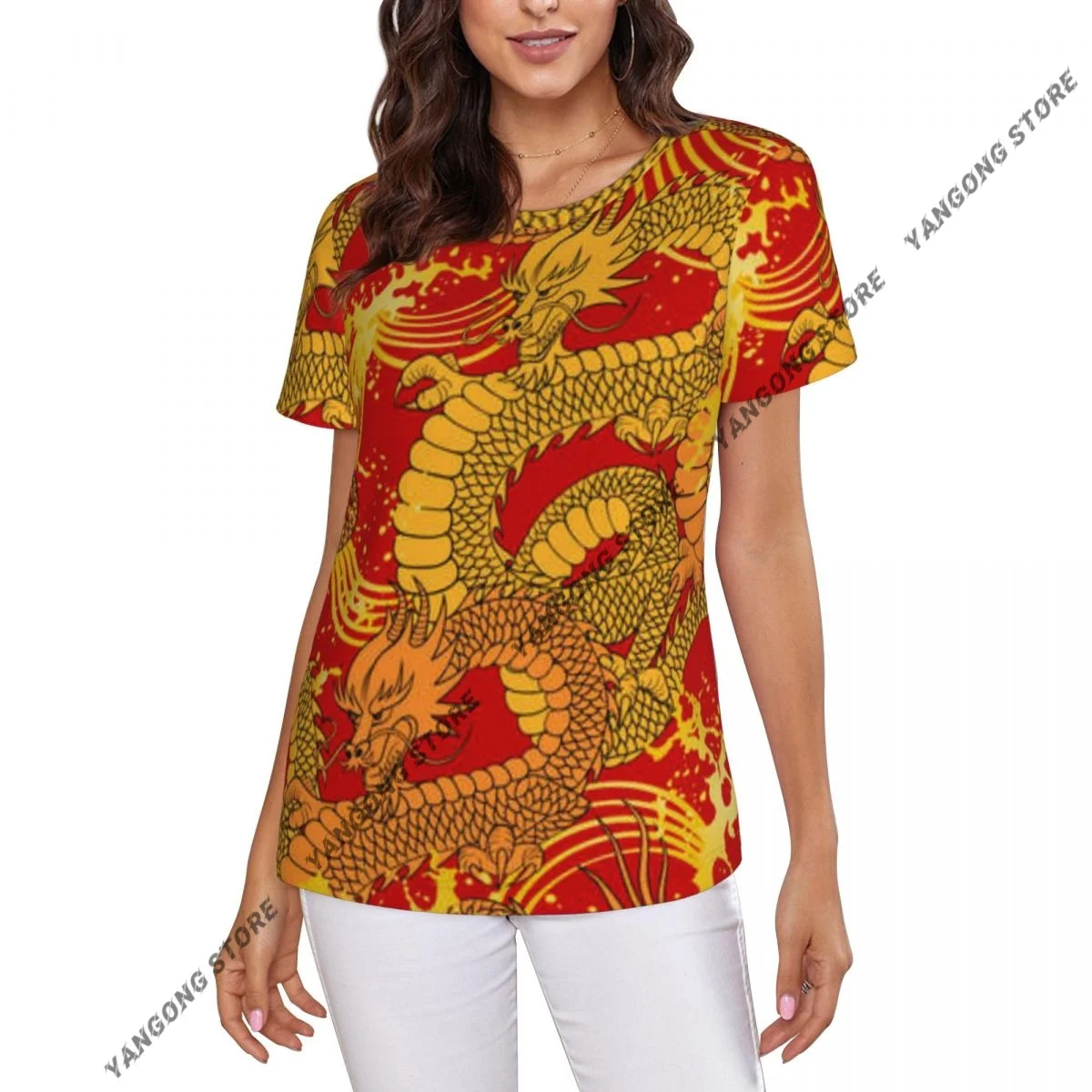 Womens Short Sleeve Dragon And Golden Waves Casual Tee Clothing Crewneck Woman T-Shirts