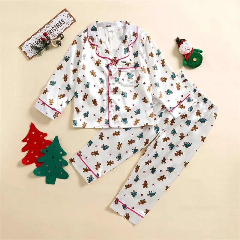 Kids Christmas Pajama Sets Gingerbread Man Print Lapel Neck Button-up Tops Long Pant Autumn Satin Loungewear Set