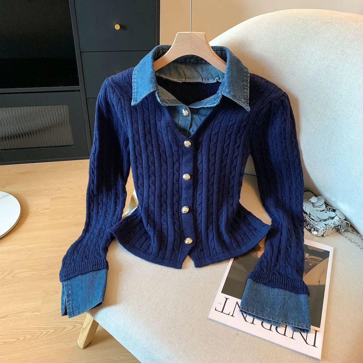 

Одежда с синим воротником, женский вязаный свитер, топ с внутренней частью, осень-зима, новая ветровка для колледжа, ложная двухсекционная одежда