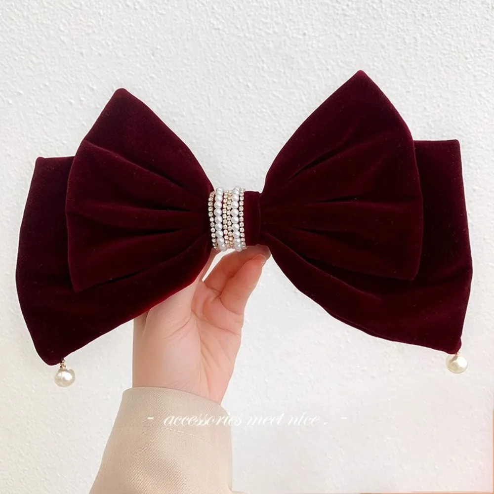 

Cloth Red Velvet Bow Hair Clip Rhinestone Pearl Bowknot Spring Clip Hair Claw Wine Red New Year Hairpin New Year Headwear