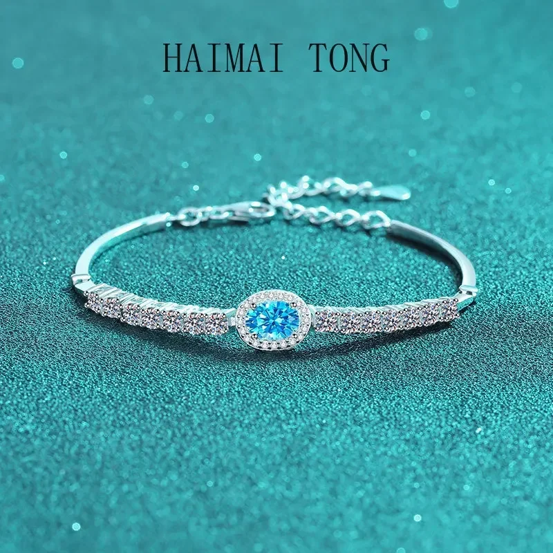 

Браслет HAIMAITONG с муассанитом для женщин, платина PT950, королевский синий овал, простой подарок