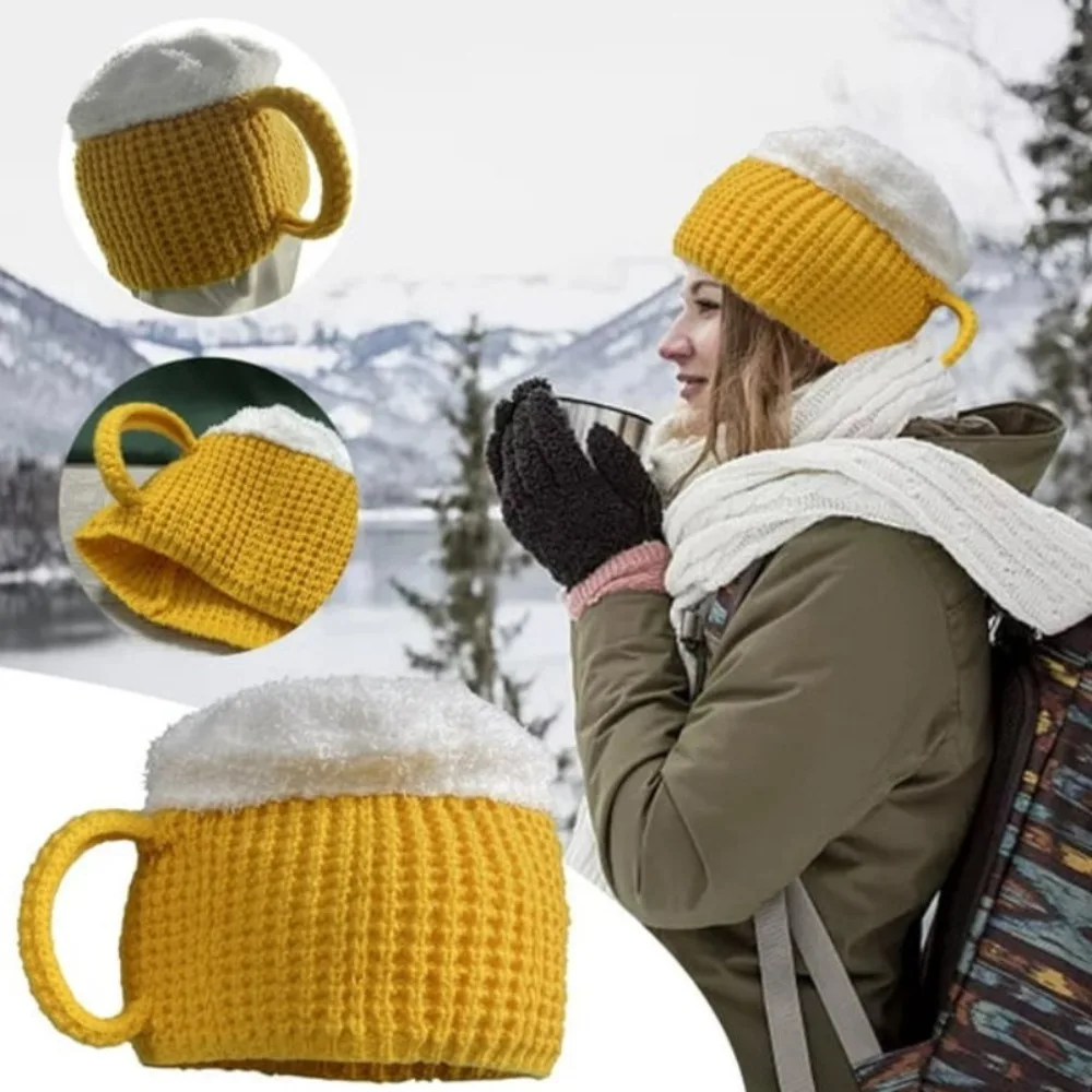 Unisex Beer Cup Hats Year Presents Ear Warmers 3D Hairline Cap Versatile Warm Pullover Cap Women Men