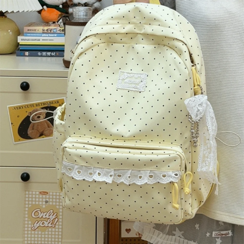 Fashion Polka Dot Travel Backpack with Lace Nylon Student Schoolbag Large Capacity Multi-pocket Laptop Daypack