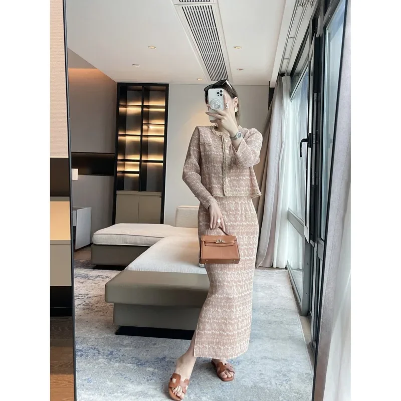 Miyake Pleated Printed Suit Round Neck Single Breasted Short Jacket+skirt 2-piece Set Elegant Holiday Party Women\'s Clothing