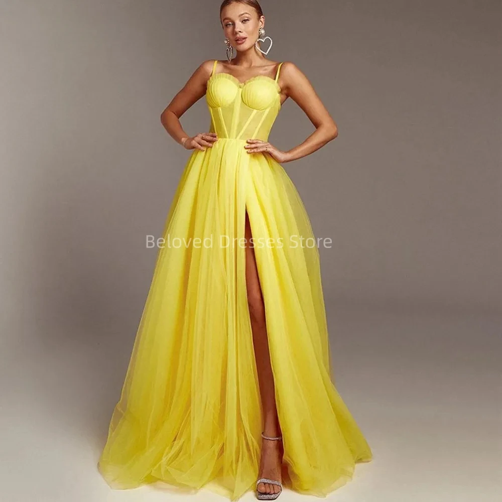 Vestido largo De tul sin mangas para mujer, traje De Noche con tirantes finos y abertura alta, color amarillo, hecho a medida, novedad