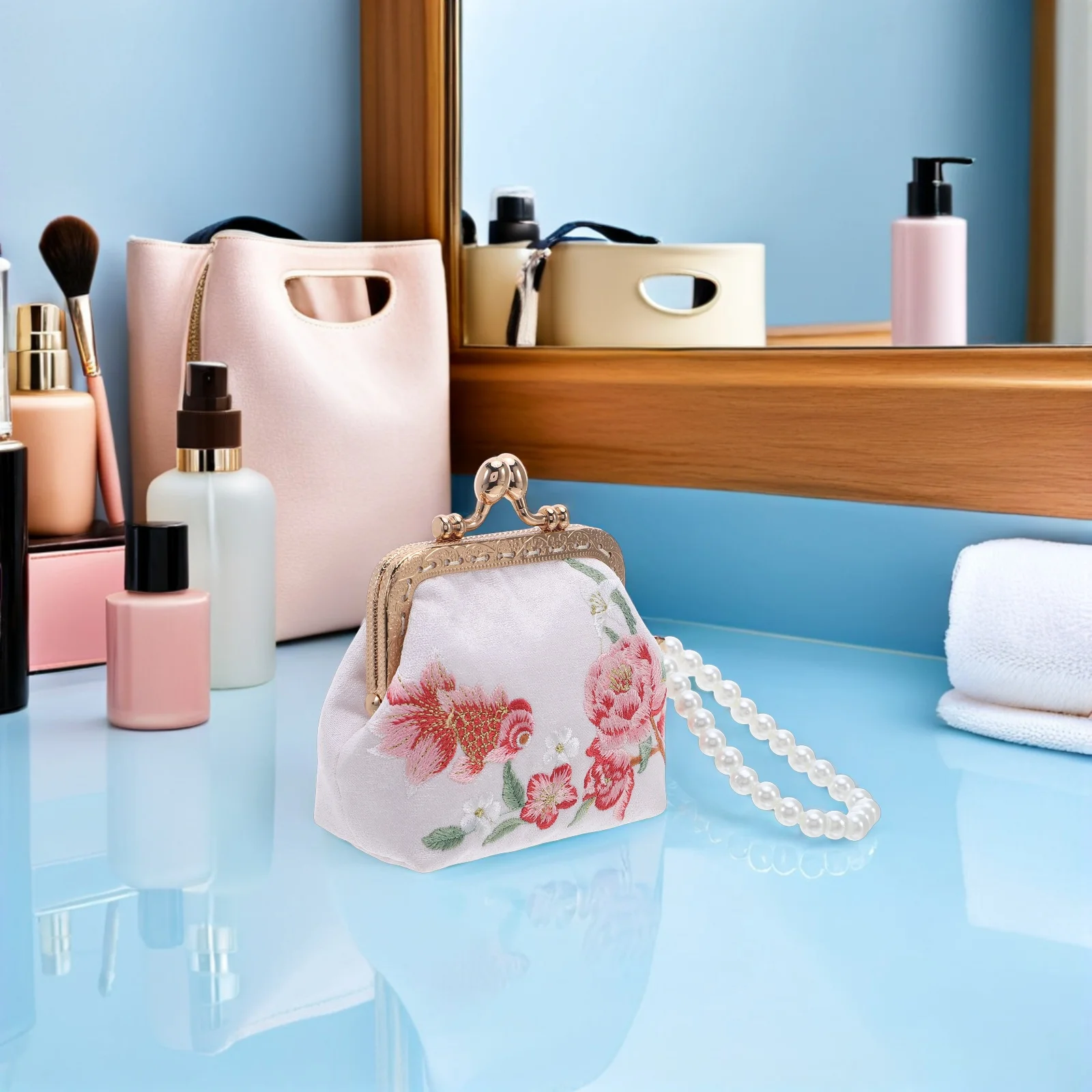 Mini Embroidery Lock Clasp Clutch Wallet - Cute Floral Print Purse for - Portable Fabric Coin Pouch Holder - Small Travel