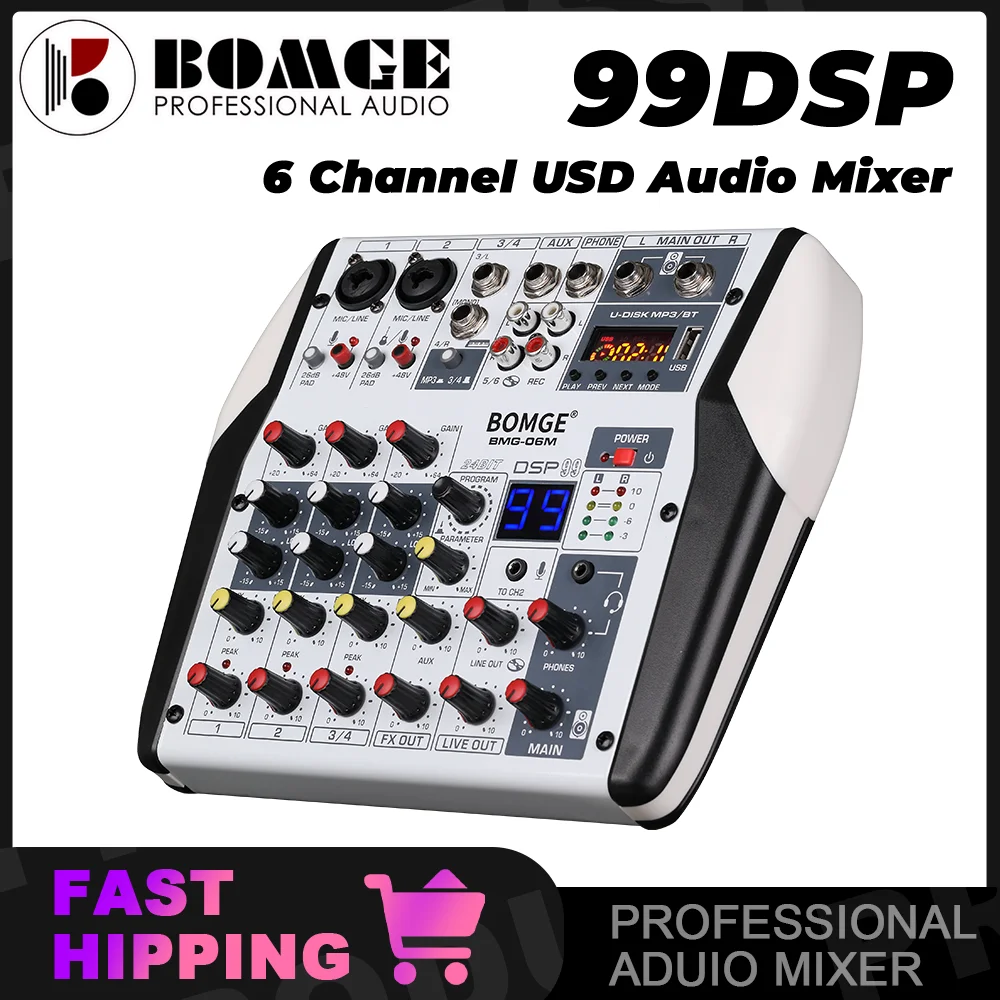 Professional DJ Audio Mixer 6 Channel Bluetooth Controller Sound console USB Audio Interface with 48V 24-Bit 99DSP Processor