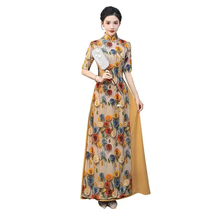 Vietnam Traditional Dress Ao Dai National Flower Print Cheongsam Oriental Improved Qipao Party Banquet Evening a-line Dress